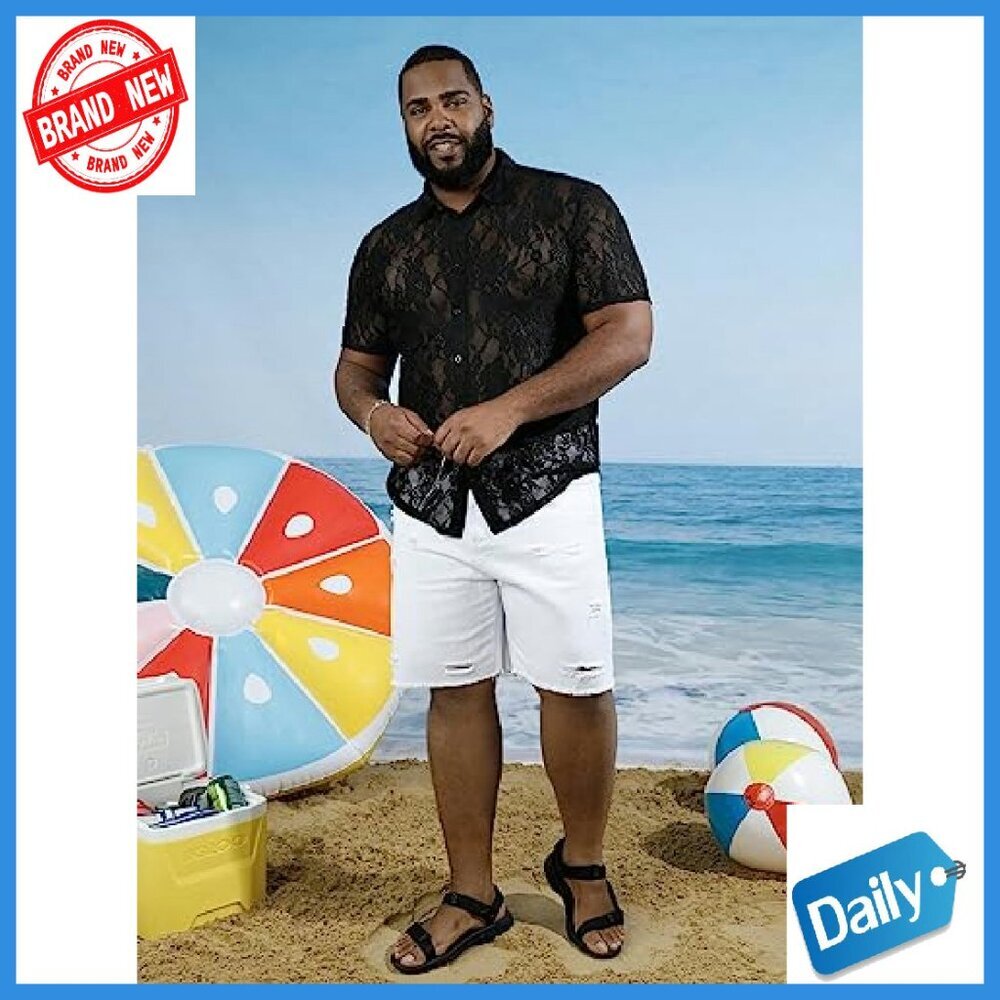 Men's Floral Lace Mesh Button Down Shirt Short Sleeve Blouse - Picture 6 of 6